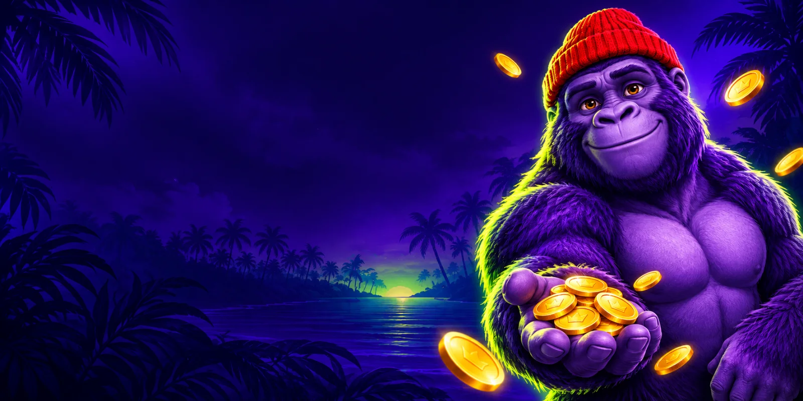 Purple Tuffpuff gorilla in a red beanie holding gold coins in a tropical jungle